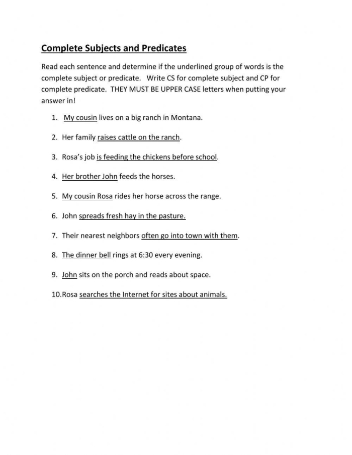 Worksheet for third graders focusing on complete subjects and predicates in sentences