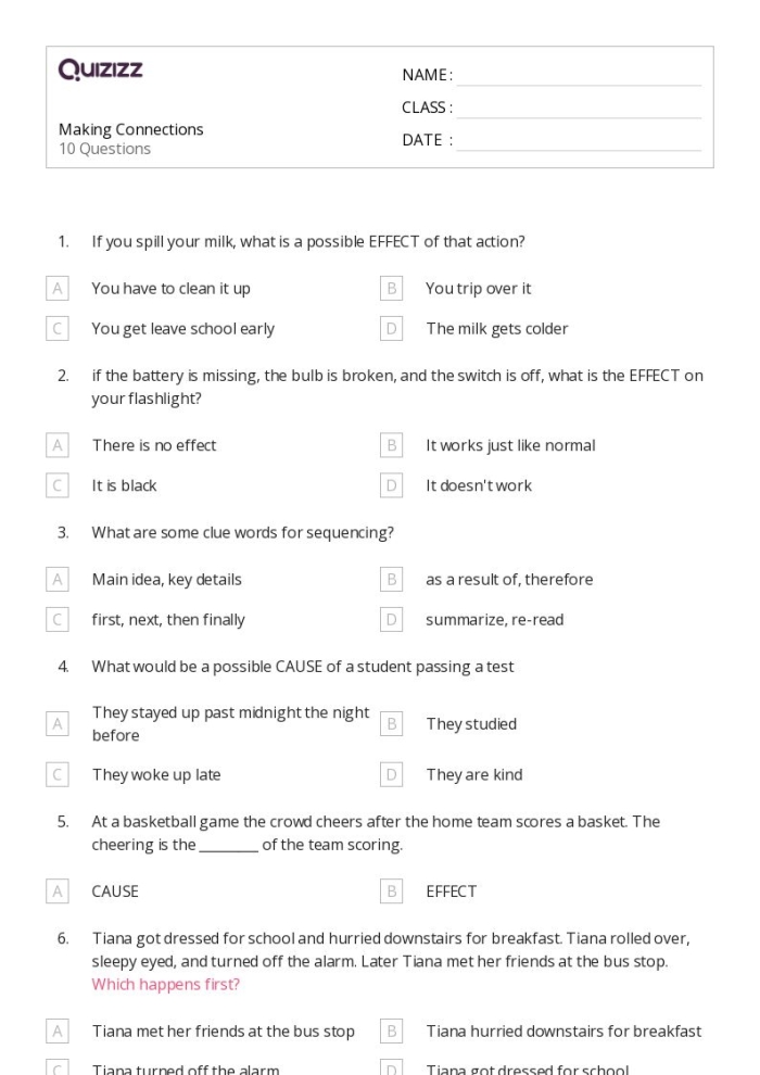 Worksheet for practicing text-to-self, text-to-text, and text-to-world connections in reading comprehension Third grade students completing a Reading Strategies worksheet focused on making personal and text connections