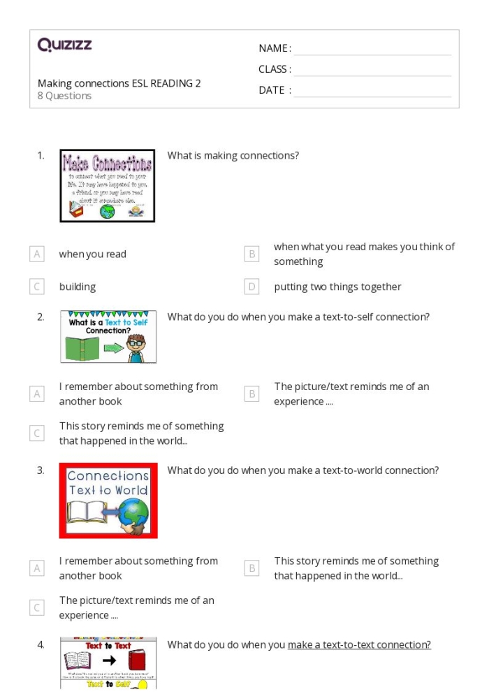 Reading Strategies Making Connections worksheet for grammar and mechanics skills development Third grade worksheet for practicing text-to-self, text-to-text, and text-to-world connections