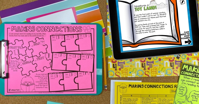 Worksheet for practicing text-to-self, text-to-text, and text-to-world connections in reading strategies Third grade students completing a Reading Strategies worksheet on making connections to texts