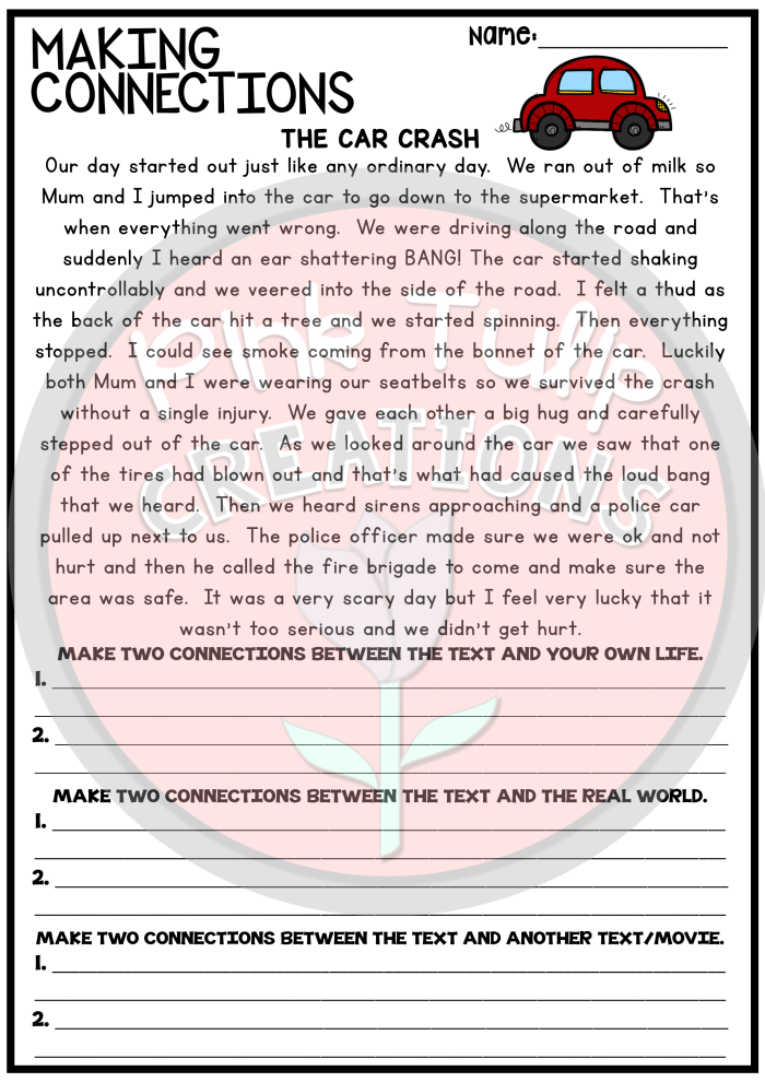 Reading Strategies Making Connections worksheet for third grade students to enhance comprehension skills Third grade Reading Strategies worksheet focused on making text-to-self, text-to-text, and text-to-world connections