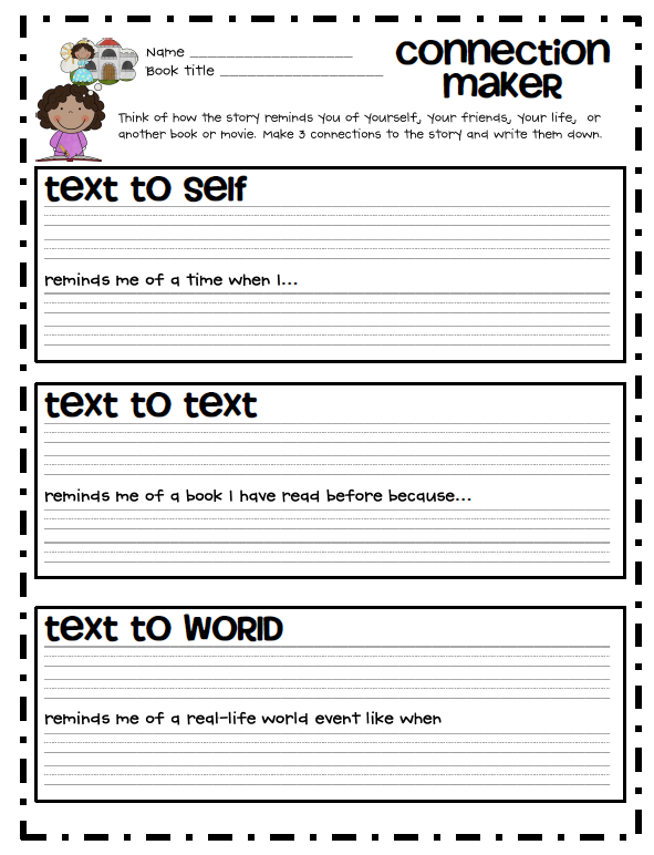 Worksheet for Reading Strategies: Making Connections activity, image 21 Third grade worksheet for practicing making text-to-self, text-to-text, and text-to-world connections