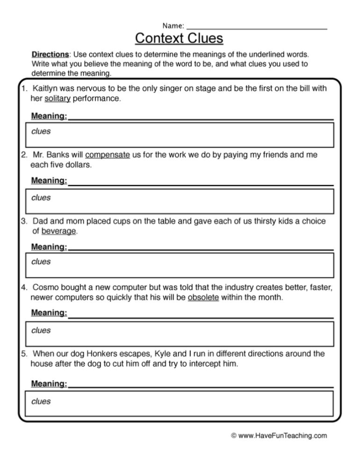 Worksheet designed for third graders to evaluate their skills in using context clues for word meanings. Context Clues Check-In Worksheet for Mid-Year Assessment