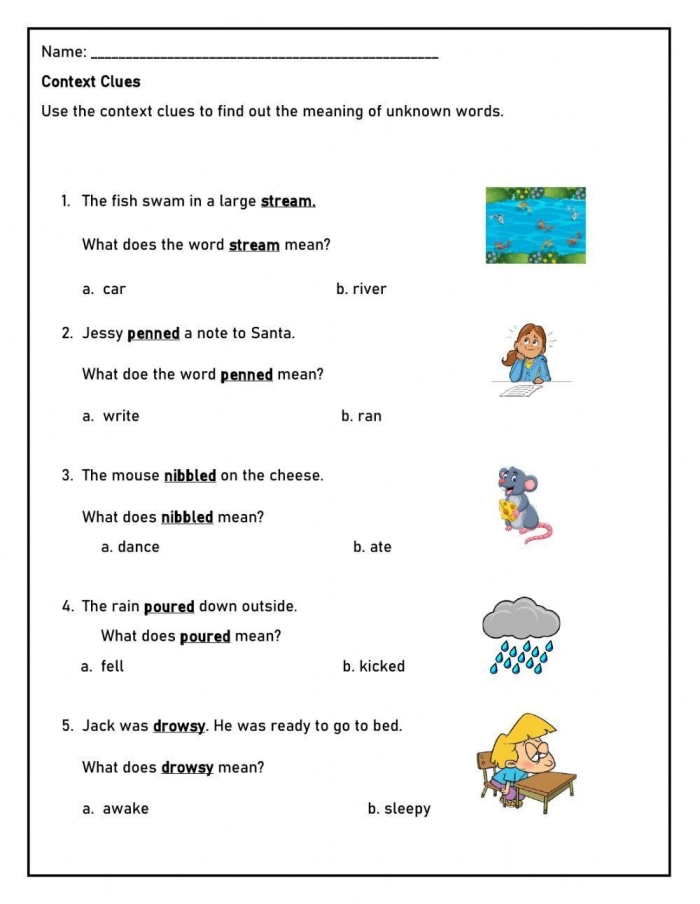 Third grade students working on the Context Clues Check-In worksheet to enhance their reading skills