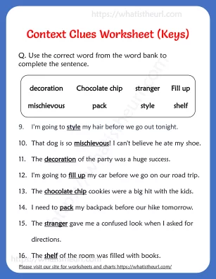 Worksheet for assessing context clues in third grade reading skills