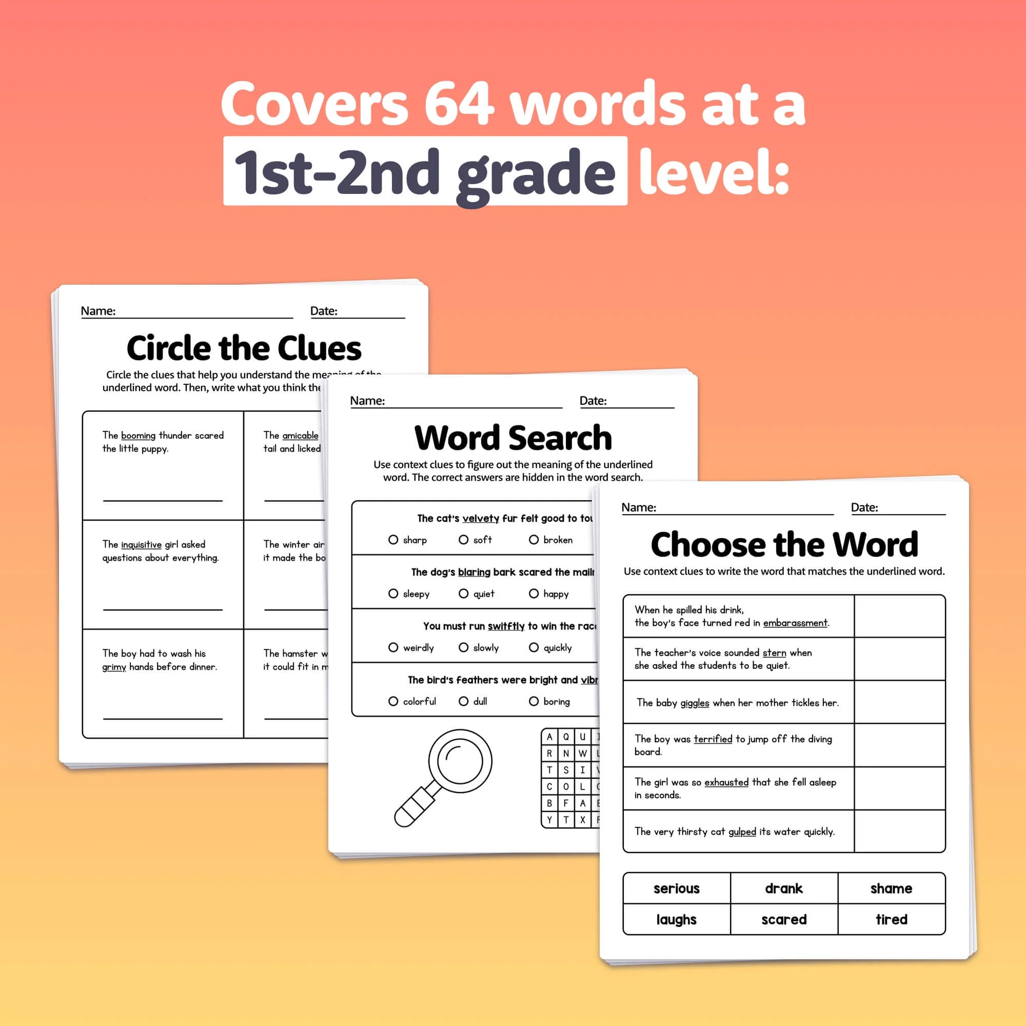 Context Clues Check-In worksheet for third graders assessing word meaning skills