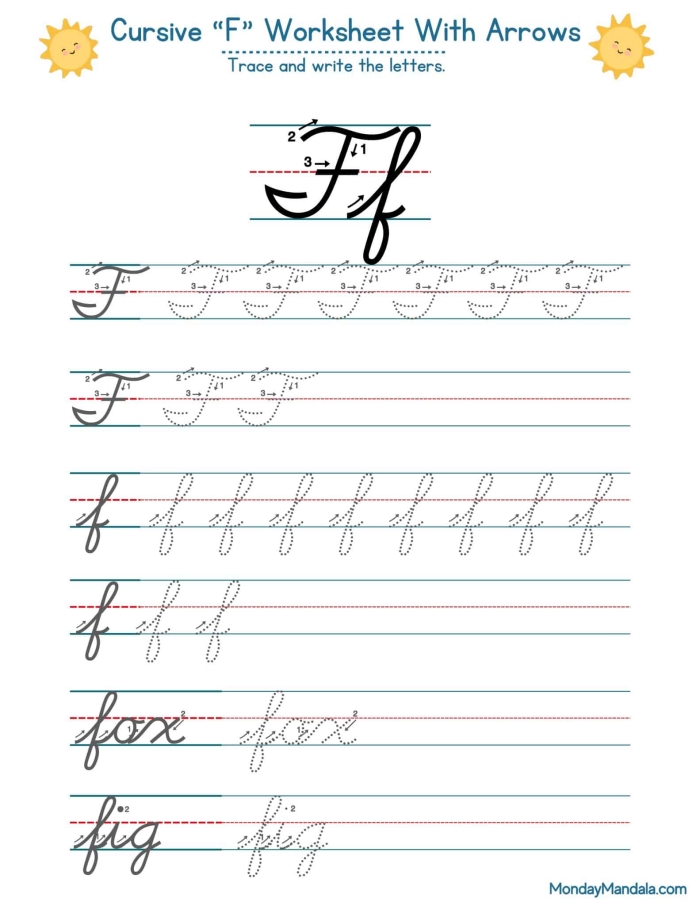 Practice cursive F with this helpful worksheet for third graders Third grade student practicing cursive F on a worksheet designed for writing skills