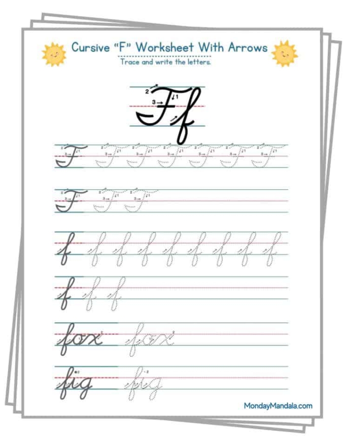 Worksheet for practicing the cursive letter F, ideal for third graders Third grade cursive F writing practice worksheet with guiding lines