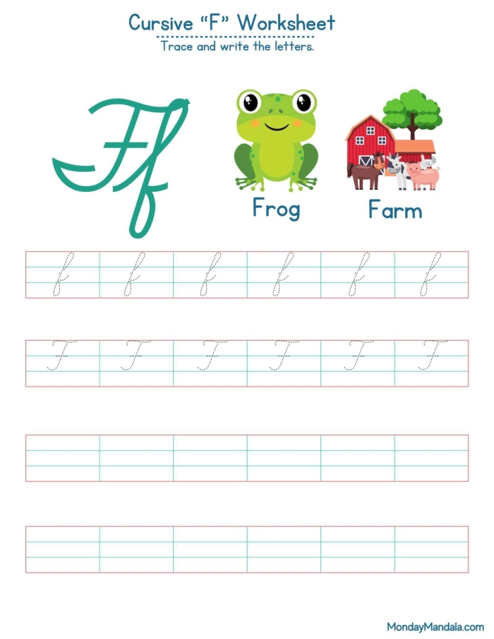 Cursive F handwriting practice worksheet for young learners number 17 Third grade student practicing cursive F on a worksheet with guided lines