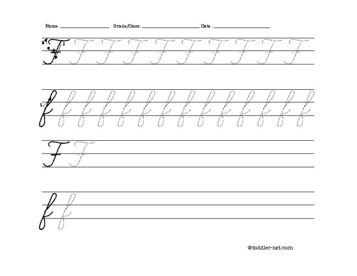 Practice sheet for mastering the cursive F in third grade writing class Third Grade cursive F writing practice worksheet for young learners