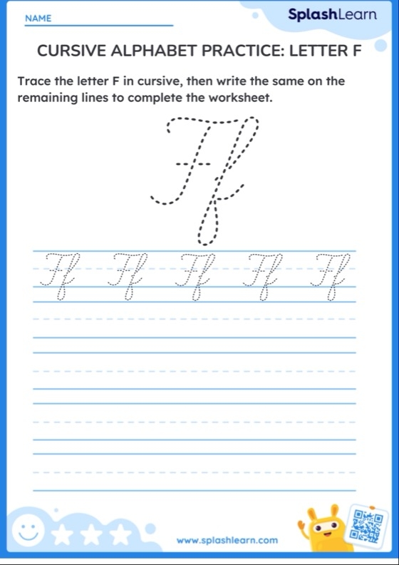 Worksheet 19 for mastering the cursive letter F in third grade writing Third grade student practicing cursive F on worksheet number 19