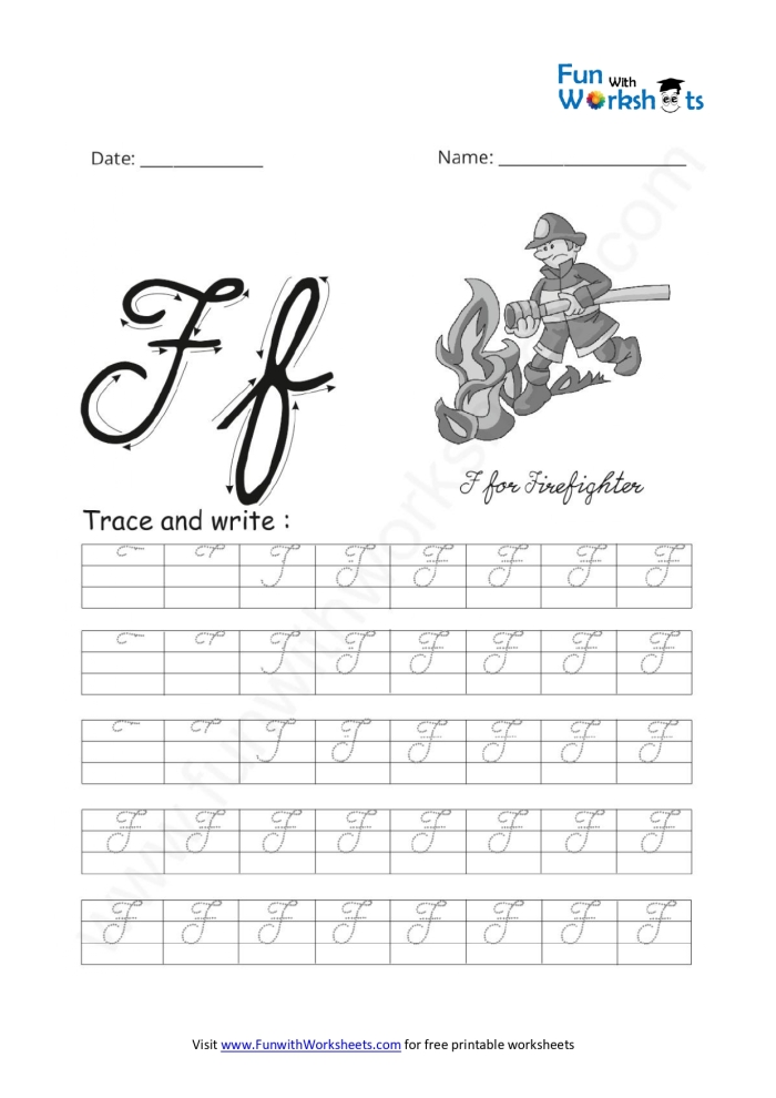 Worksheet for practicing cursive F letters designed for third graders Third Grade cursive F worksheet showing practice letters and writing lines