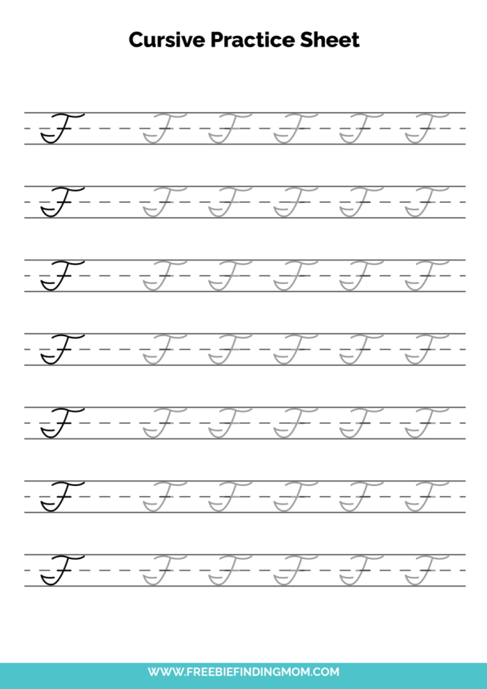 Practice writing the cursive F with this helpful worksheet for kids Third grade cursive F handwriting worksheet with practice lines