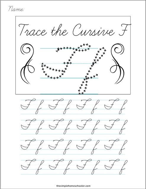 Handwriting practice sheet focused on the cursive letter F for third graders Third grade student practicing the cursive F on a writing worksheet