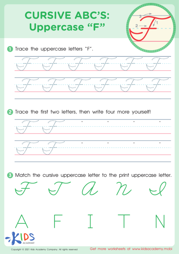 Practice writing the cursive letter F with this engaging worksheet 25 Third grade cursive F handwriting worksheet for practice and improvement