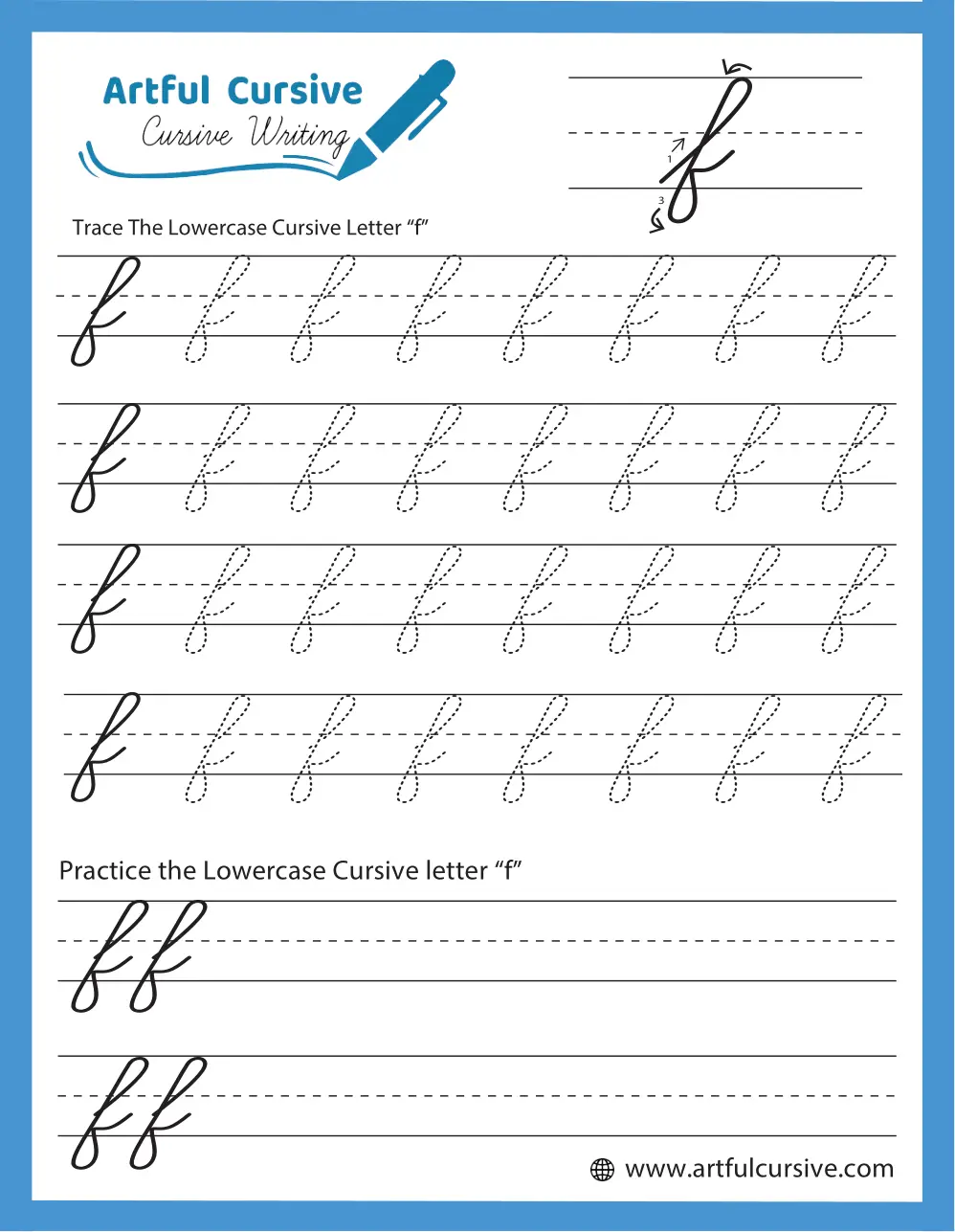 Practice writing the cursive F with this helpful worksheet for young learners Third grade cursive F writing practice worksheet with tracing lines