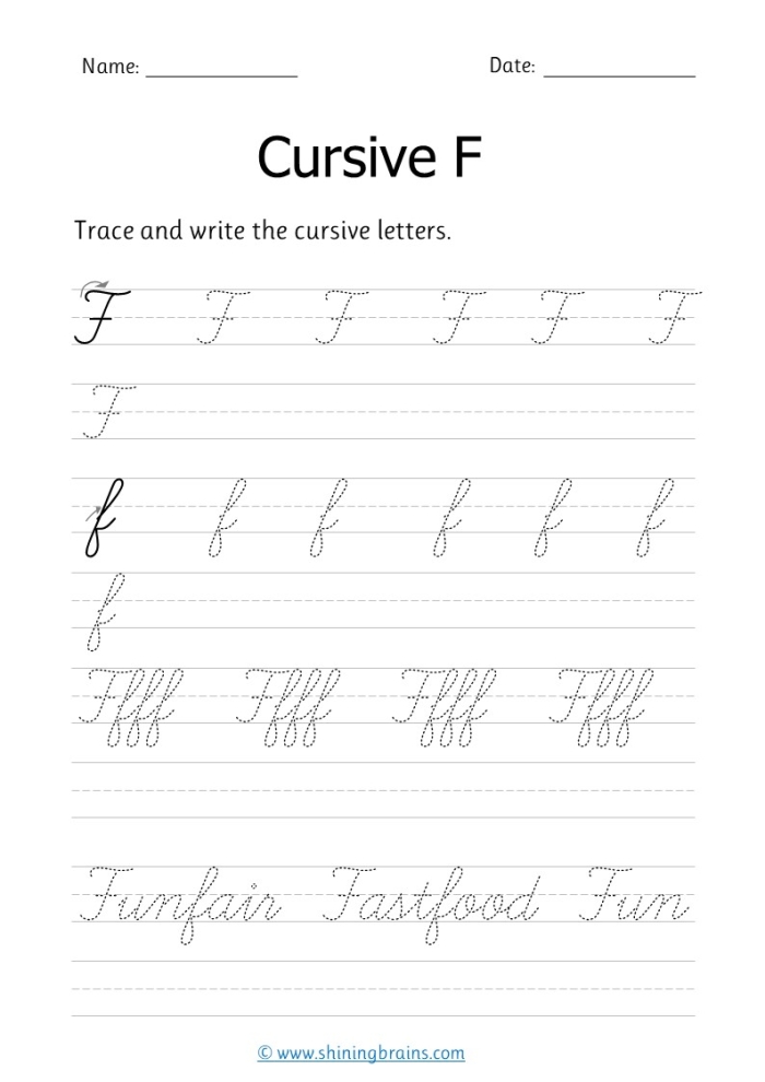 Cursive F handwriting worksheet for young learners to master the cursive F letter 20 Third grade cursive F practice worksheet with guided letter tracing and writing lines
