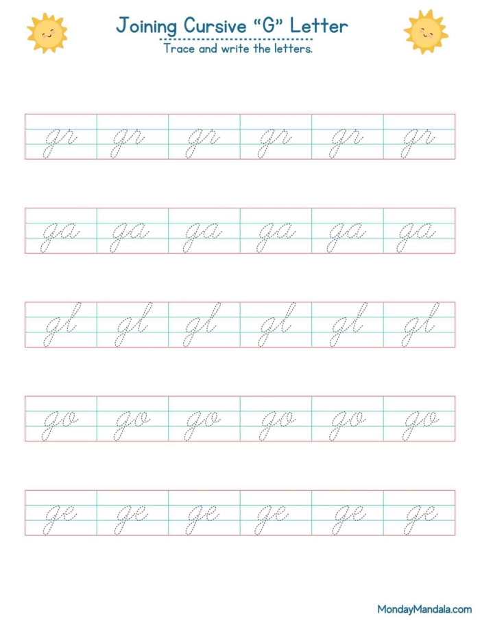 Third grade cursive G practice worksheet for improving handwriting skills
