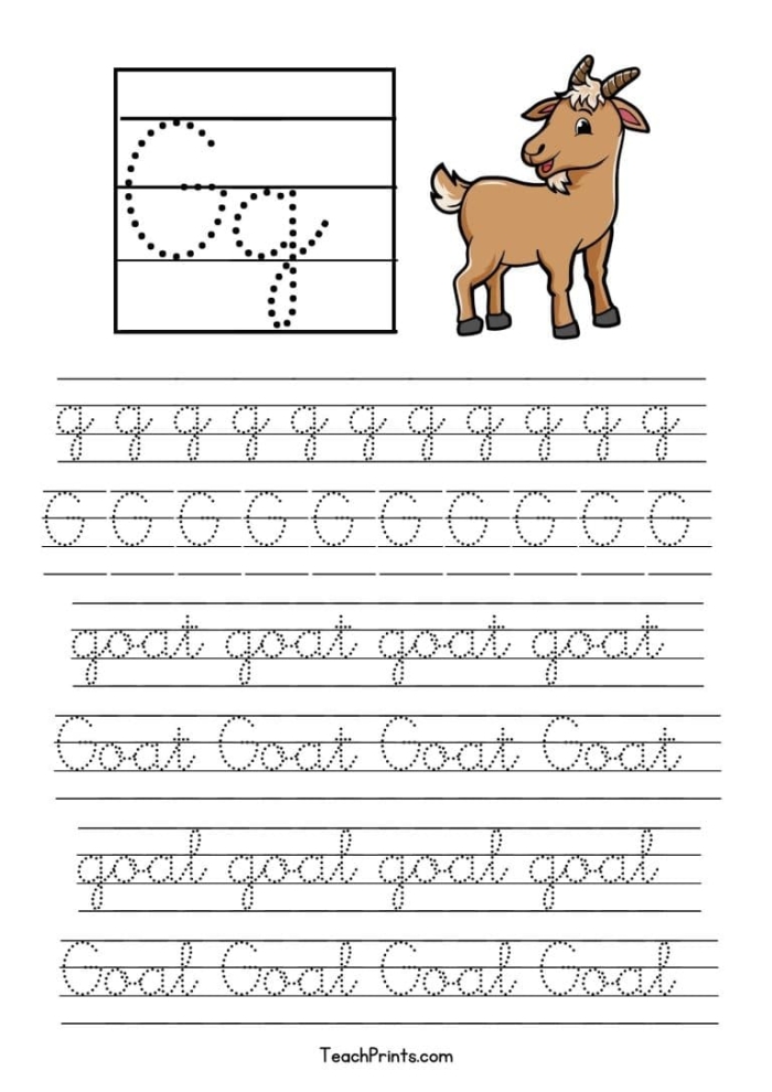 Third Grade student practicing the cursive letter G on a worksheet