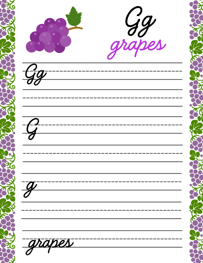 Third Grade student practicing cursive G letters on worksheet page 12