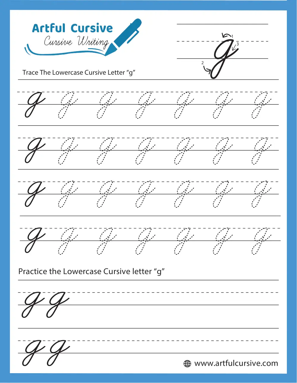 Third grade cursive G practice worksheet featuring guided handwriting exercises