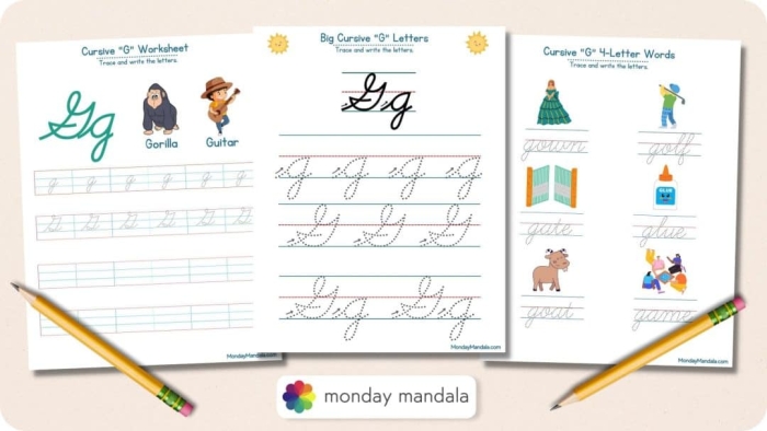 Third grade student practicing a cursive G on a printable worksheet