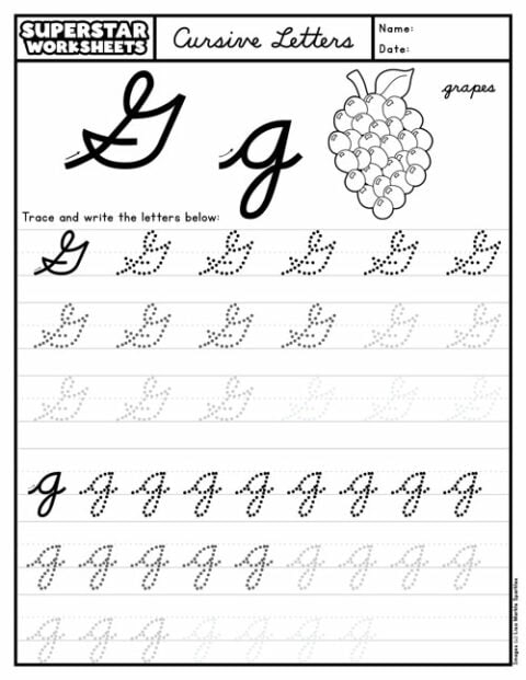 Third grade cursive G worksheet for practicing handwriting skills
