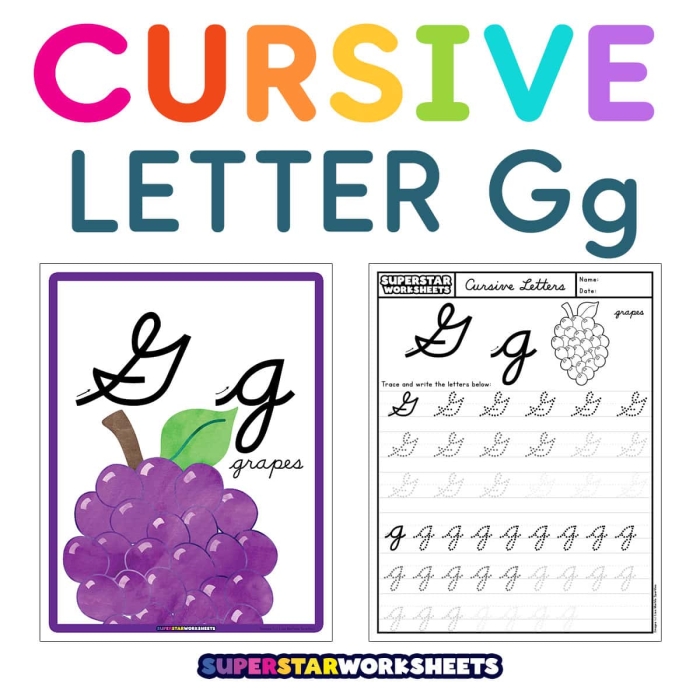 Third Grade cursive G practice worksheet for neat handwriting