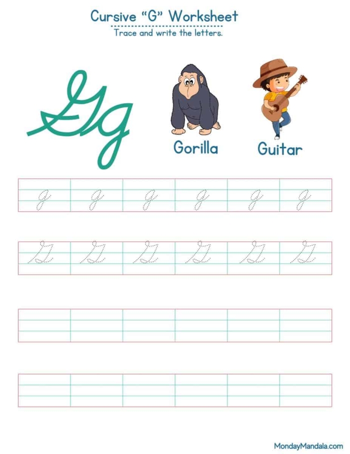 Third grade student practicing the cursive letter G on a worksheet