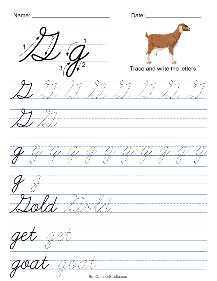 Third grade student practicing cursive G on worksheet number 5