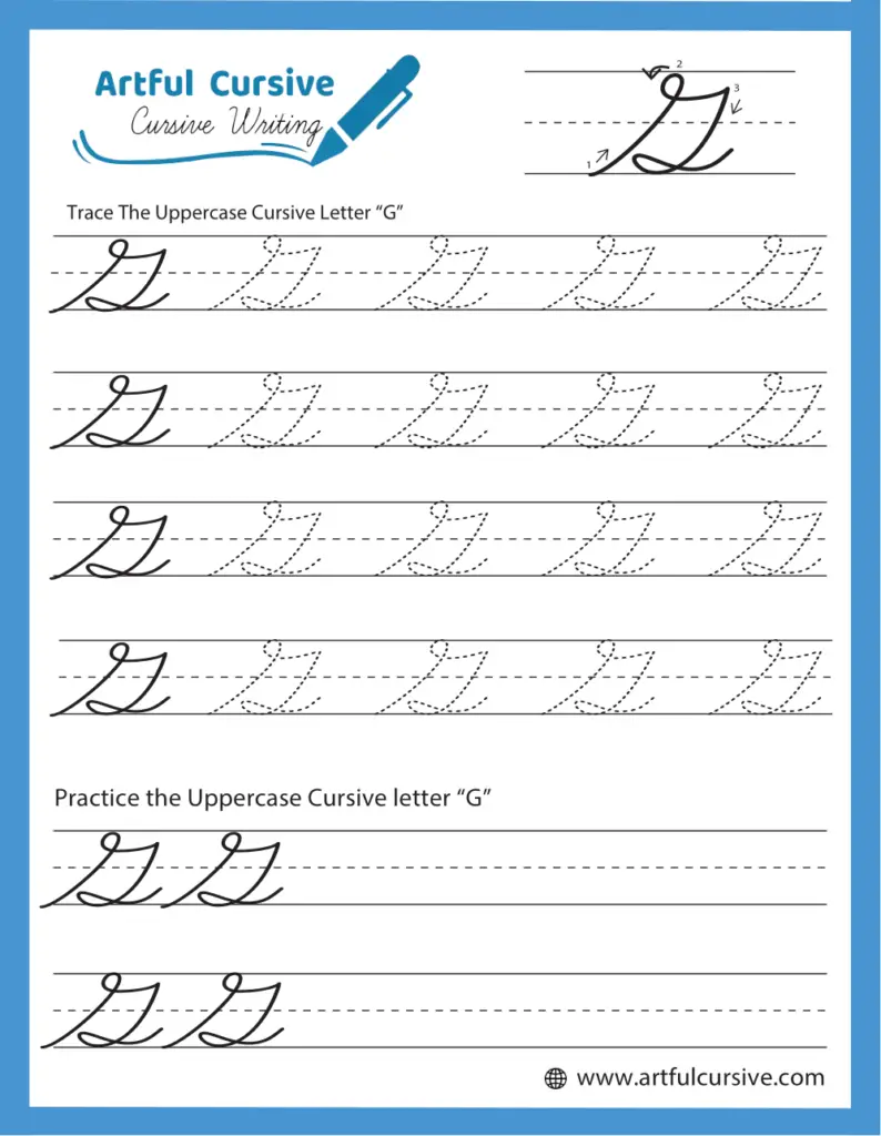 Third grade student practicing cursive G letters on a worksheet