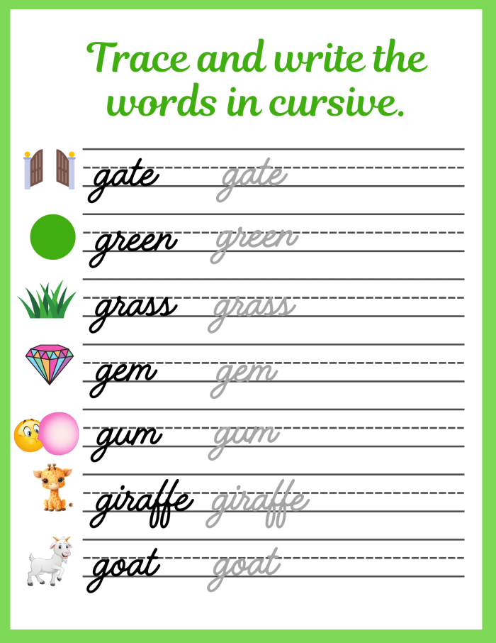 Third Grade student practicing cursive G letters on worksheet number 20