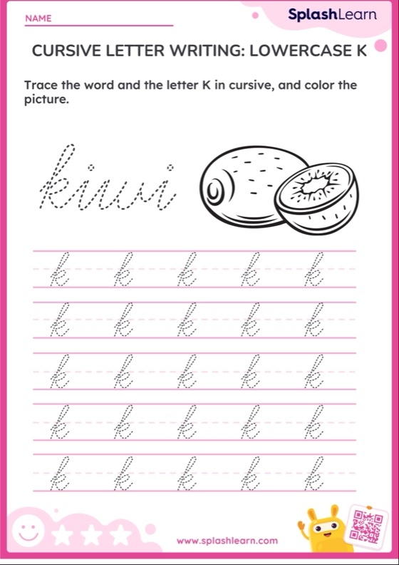 Third grade cursive K practice worksheet featuring Kyle and his keys to help students learn capital and lowercase letter formation