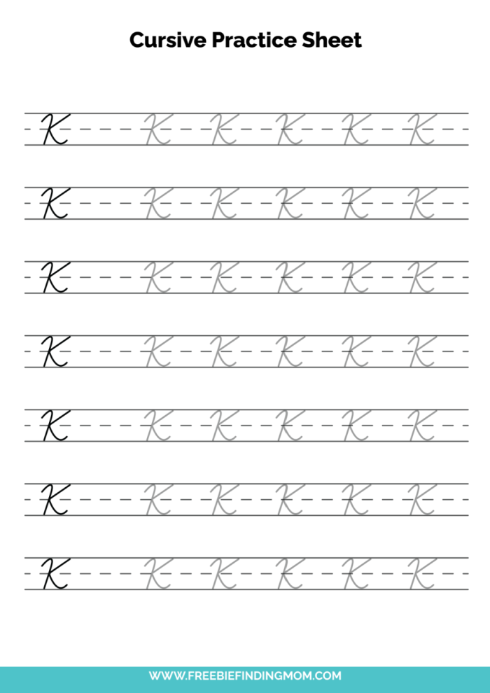 Third grade cursive K writing practice worksheet featuring Kyle character with keys learning capital and lowercase letter formation
