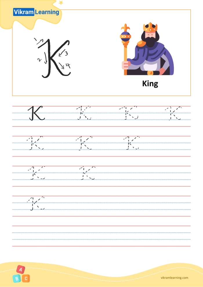 Kyle practices writing capital and lowercase cursive K with his keys on this third grade phonics worksheet