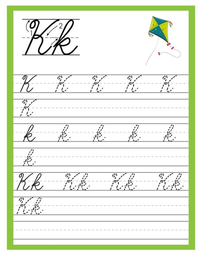Kyle practices writing capital and lowercase K in cursive with his keys on this third grade phonics worksheet