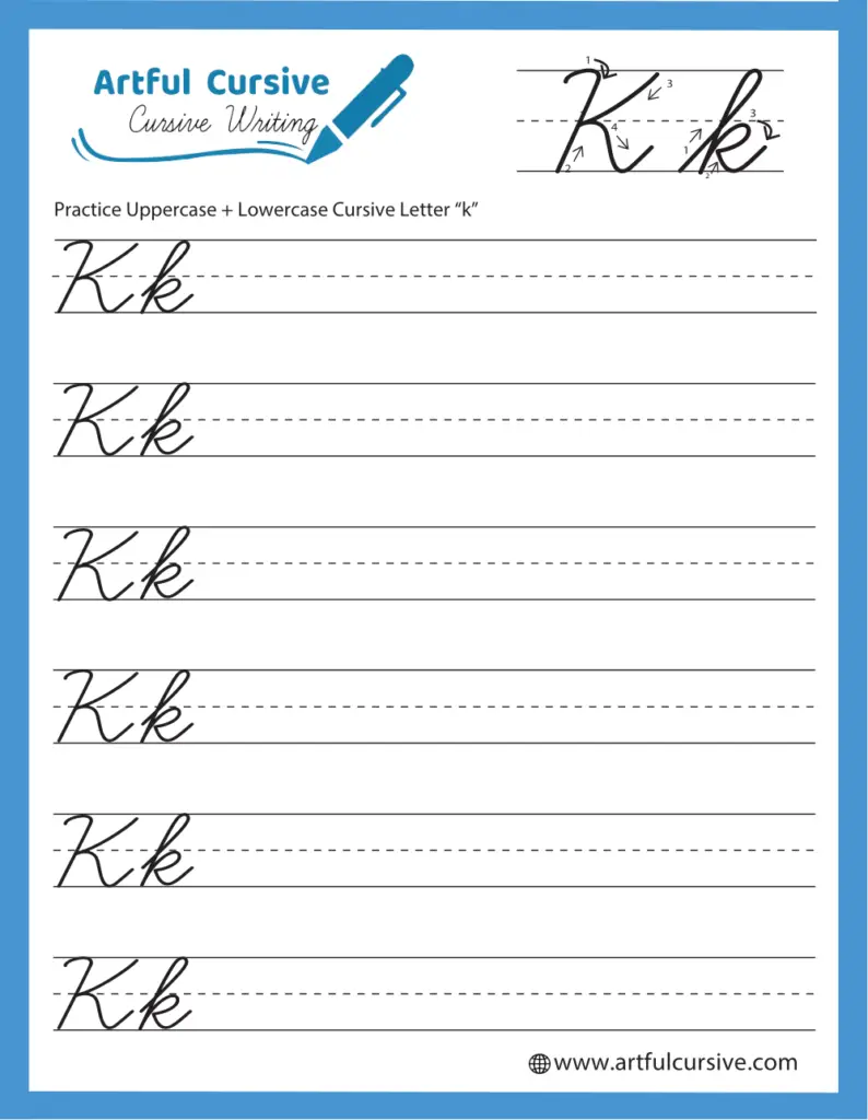 Third grade cursive K practice worksheet featuring Kyle and his keys for capital and lowercase letter formation