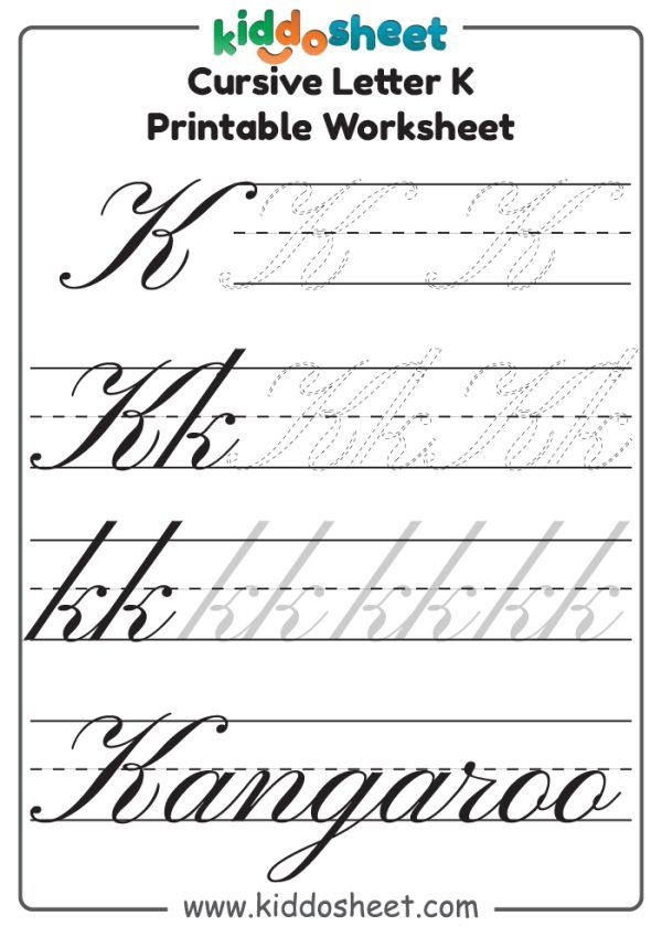 Kyle practices writing cursive capital and lowercase K letters with his keys on this third grade phonics worksheet