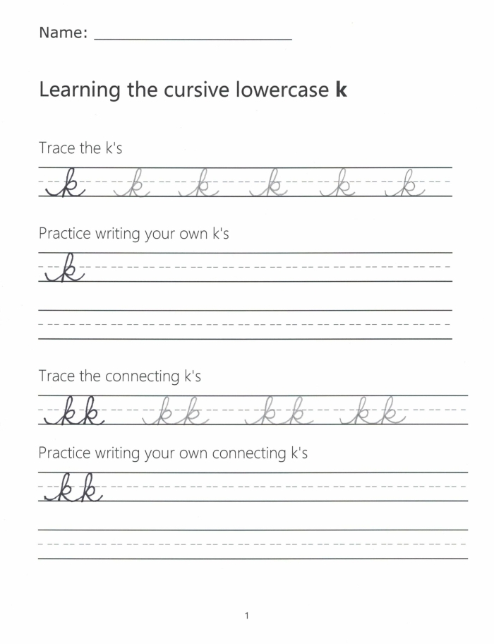 Third grade student practicing cursive capital and lowercase K letters with Kyle and his keys on a phonics worksheet