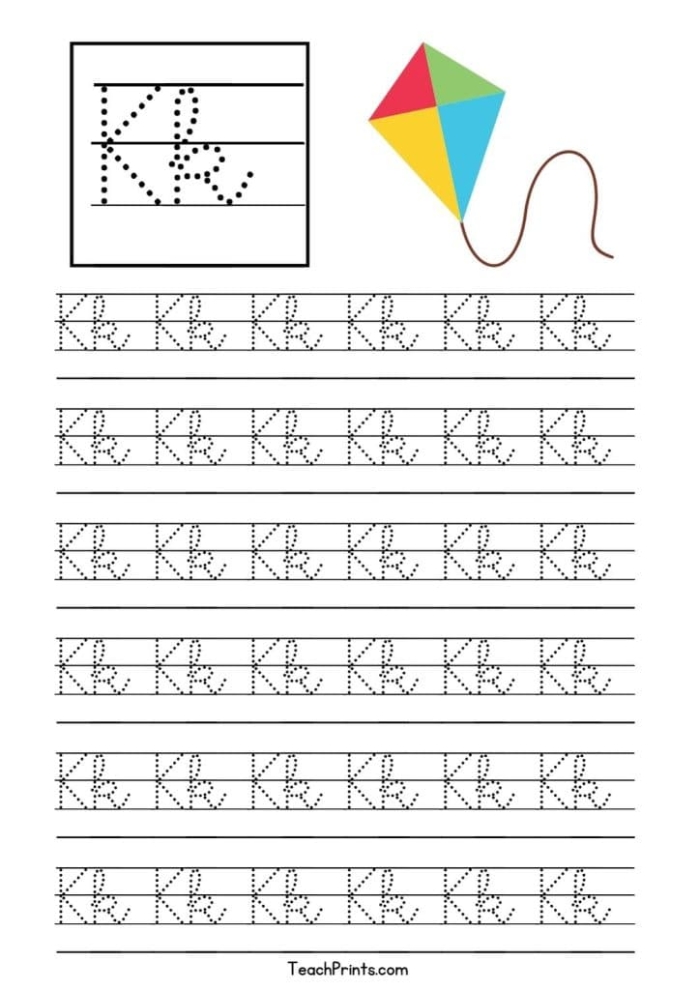 Kyle practices cursive K with his keys on this third grade phonics worksheet for learning letter formation