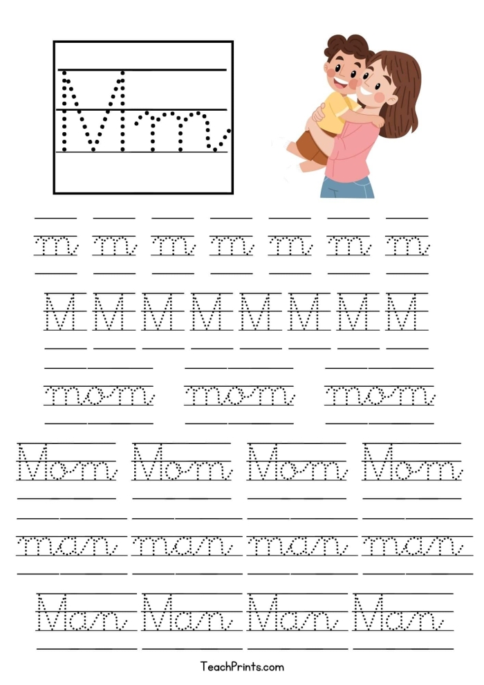 Third Grade cursive M practice worksheet showing letter formation steps