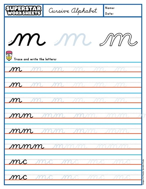 Third Grade cursive M worksheet for practicing elegant handwriting