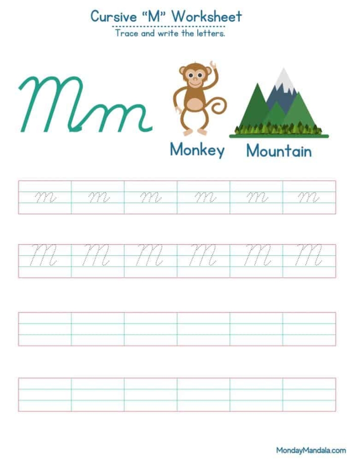 Third grade student practicing cursive letter M on a lined worksheet