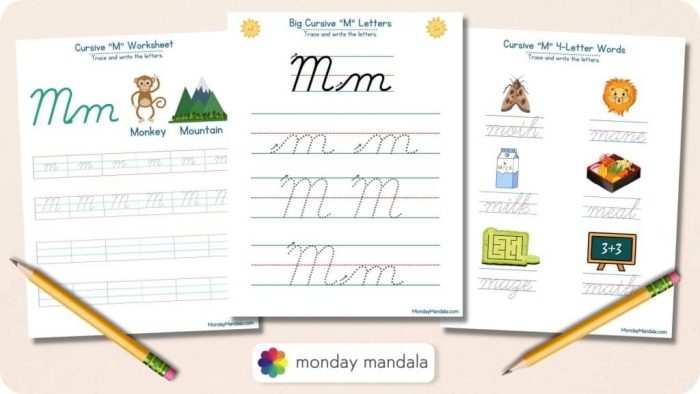 Third Grade cursive M practice worksheet featuring tracing and writing exercises