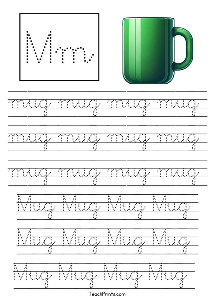 Third Grade cursive M worksheet showing practice letters and tracing lines