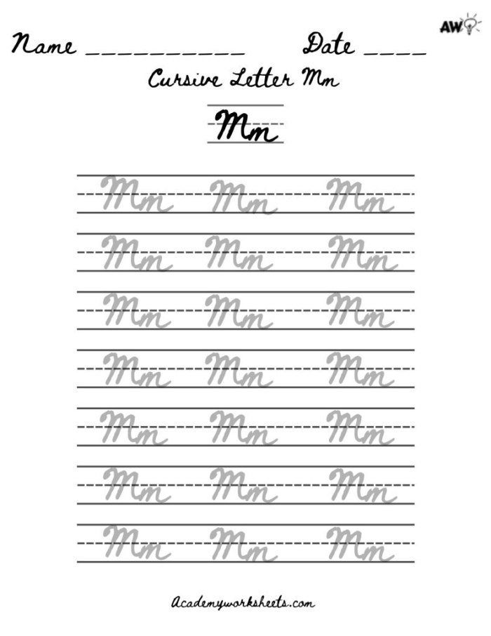 Third Grade cursive M practice worksheet with tracing and writing exercises