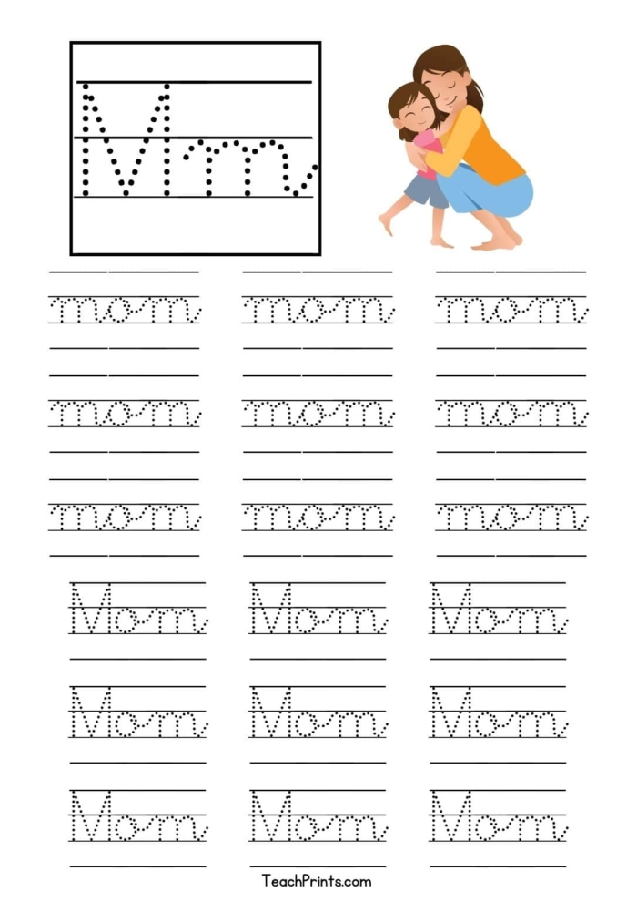 Third grade cursive M worksheet featuring practice lines and sample letters