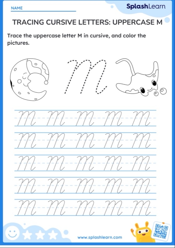 Third Grade cursive M worksheet showing practice lines for writing uppercase and lowercase M
