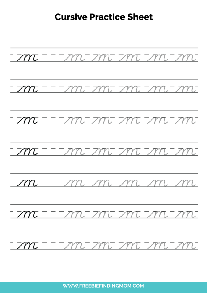 Third Grade cursive M practice worksheet featuring guided writing lines