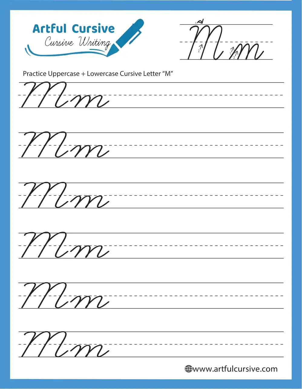 Third grade cursive M writing practice worksheet with guided lines